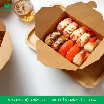 MFHG2N - 100 hộp giấy kraft thực phẩm 1000ml, hộp giấy nắp gập màu nâu đựng thức ăn, hộp giấy nắp gài gói đồ ăn mang đi 