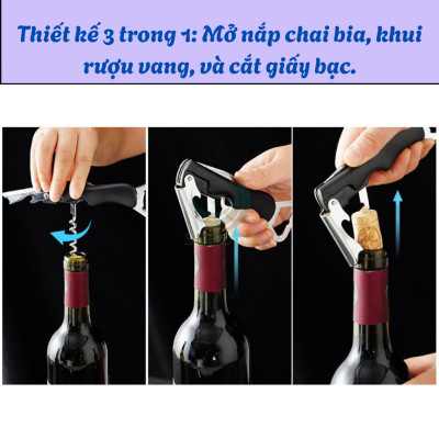Dụng cụ mở nắp chai đa năng 3 trong 1 Đồ khui rượu vang kiêm mở nắp chai và dao cắt giấy bạc Dụng cụ mở bia và rượu chuyên dụng cho nhà hàng Khui rượu vang chuyên nghiệp Dụng cụ mở nắp chai đa năng tay cầm nhựa cao cấp
