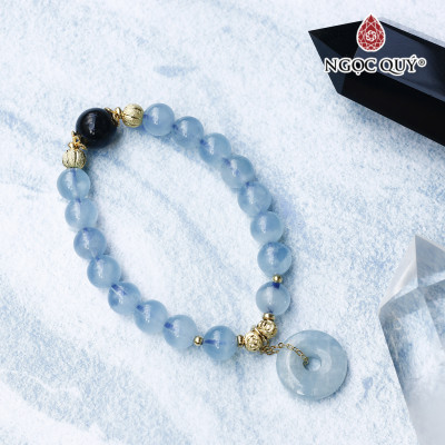 Vòng hải lam ngọc aquamarine phối đồng điếu charm bạc mạ vàng mệnh thủy, mộc - Ngọc Quý Gemstones