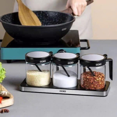 Set 3 hũ đựng gia vị thủy tinh CCKO có tay cầm kèm khay hàng chính hãng