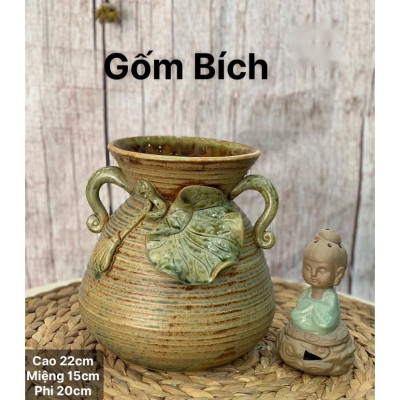 Bình Hoa Lọ Hoa Men Mộc Đắp Tai Lá Sen Cao 27cm Gốm Sứ Bát Tràng 