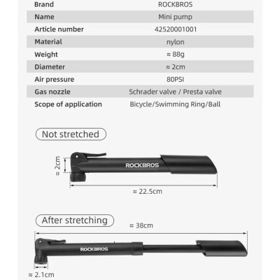 Bơm Xe Đạp Mini Treo Xe Gắn Khung Sườn Có Đế Gắn Sử Dụng Khẩn Cấp 80Psi Siêu Nhẹ GỒM 1 Bơm, 1 giá đỡ, 2 vít