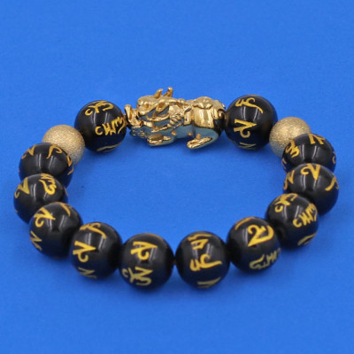 Vòng tay đá Thạch Anh Đen khắc Phật Chú 12 ly - cẩn Tỳ Hưu Phong Thủy inox vàng VTAEPVTHHBV12 - hợp mệnh Thủy, mệnh Mộc