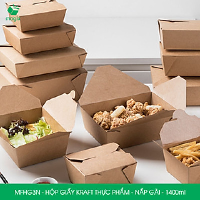 MFHG3N -100 hộp giấy kraft thực phẩm 1400ml, hộp giấy nắp gập màu nâu đựng thức ăn, hộp giấy nắp gài gói đồ ăn mang đi 
