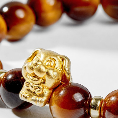 Vòng Tay Phong Thủy Đá Mắt Hổ Vàng Nâu Phối Charm Tuổi Tuất Bạc Mạ Vàng 24K (8mm) Mệnh Thổ, Kim Ngọc Quý Gemstones