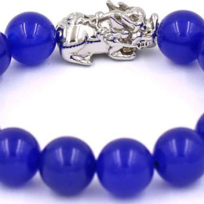 Chuỗi đeo tay thạch anh xanh dương 12 ly - cẩn Tỳ Hưu inox VTAXDTHT12 - hợp mệnh Mộc, mệnh Thủy