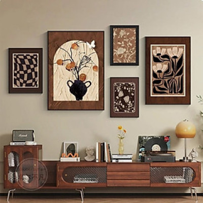Tranh treo tường phong cách vintage tông nâu sang trọng cách điệu bộ 5 tấm trang tri decor