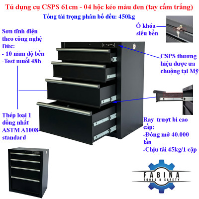 Tủ dụng cụ CSPS 61cm - 04 hộc kéo màu đen (tay nắm trắng)