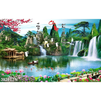 TRANH DÁN TƯỜNG 3D KÍCH THƯỚC THEO YÊU CẦU PHONG CẢNH SƠN THUỶ HỮU TÌNH
