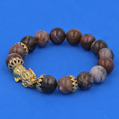 Vòng chuỗi đeo tay Gỗ Hóa Thạch 12 ly - cẩn Tỳ Hưu Phong Thủy inox vàng VGHTTHBKV12