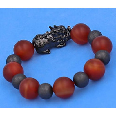 Chuỗi đeo tay Tỳ Hưu inox charm Thạch Anh Đỏ Mờ Size 16 ly phối 6 bi - hợp mệnh Hỏa, mệnh Thổ - Chuỗi size XXL