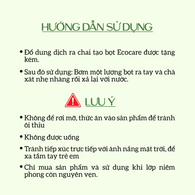 Nước rửa tay hữu cơ diệt khuẩn dạng bọt hương Quế 1000ml thương hiệu Ecocare (tặng kèm vỏ tạo bọt)