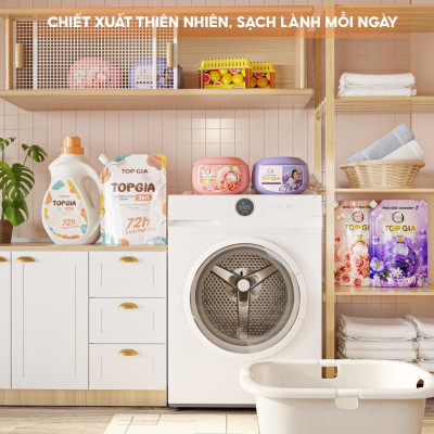Viên giặt xả quần áo thơm lâu TopGia 3in1, hương hoa hồng và lavender,  giặt sạch, tiết kiệm