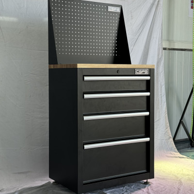 Tủ dụng cụ CSPS 61cm - 04 hộc kéo màu đen chân tăng chỉnh ván gỗ vách lưới (tay cầm trắng)