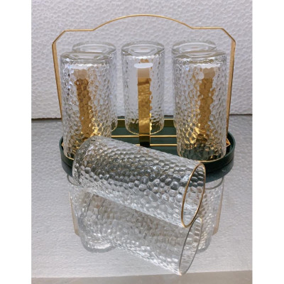 Combo 6 cốc ống  thủy tinh uống nước chịu nhiệt cao cấp vân sần kèm giá úp cốc có khay hứng nước ngọng vàng