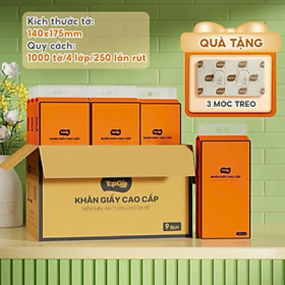 Thùng 9 bịch siêu tiết kiệm Giấy rút đáy TOPGIA  CAM - Bột gỗ nguyên sinh, 1000 tờ chất lượng cao.