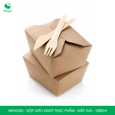 MFHG2N - 100 hộp giấy kraft thực phẩm 1000ml, hộp giấy nắp gập màu nâu đựng thức ăn, hộp giấy nắp gài gói đồ ăn mang đi 