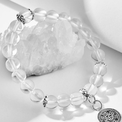 Vòng tay thạch anh trắng charm lục tự bạc Ngọc Quý Gemstones