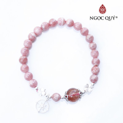 Vòng tay đá đào hoa rhodochrosite 7mm phối thạch anh tóc đỏ charm bạc mệnh hỏa , thổ - Ngọc Quý