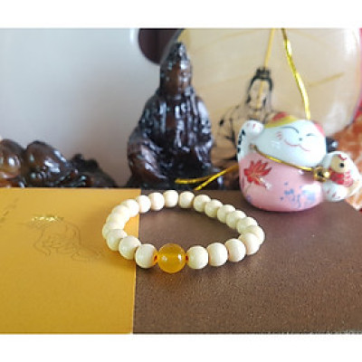 (GỖ DÂU THẬT) Vòng dâu tằm đính thủy ngọc cho bé - Vòng tay cho bé sơ sinh - vàng mật