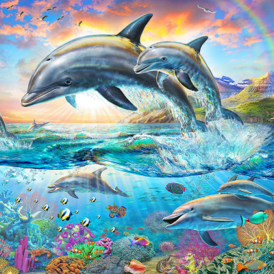 Tranh Xếp Hình Random Cut 750 Mảnh Minh Châu – Gia Đình Cá Heo (40x60cm)