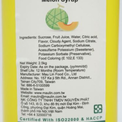 Siro Dưa lưới MauLin (MauLin Melon Syrup) Chai 2.5Kg - Nguyên liêu pha chế trà sữa hương thơm hảo hạng