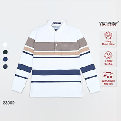 Áo Polo Nam VIỆT PHÁP Form Luxury - Thun 4 Chiều Sọc Túi Dài Tay, lịch lãm, sang trọng 23002