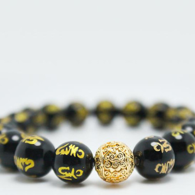 Vòng tay đá thạch anh đen khắc kinh phật mix hạt tròn MS226, Vòng tay phong thủy hợp mệnh Thủy, Mộc, Thổ cho nam và nữ