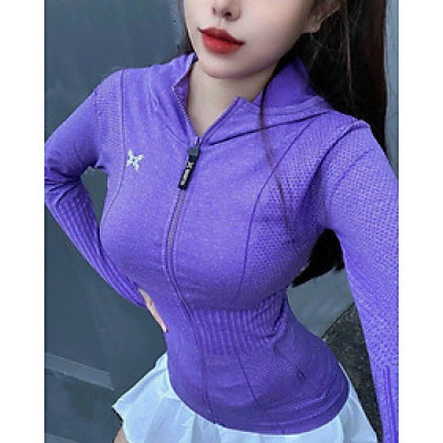 Áo khoác nữ vải thun dệt kim đi nắng, tập thể thao co giãn tốt, có nón 2 túi ngoài dây kéo