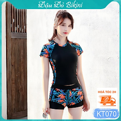 Bộ bơi nữ 2 mảnh thông dụng, áo cộc tay cùng quần bơi short 2 lớp trẻ trung, chất thun bơi lạnh co giãn cao, có sẵn đệm rời | KT070