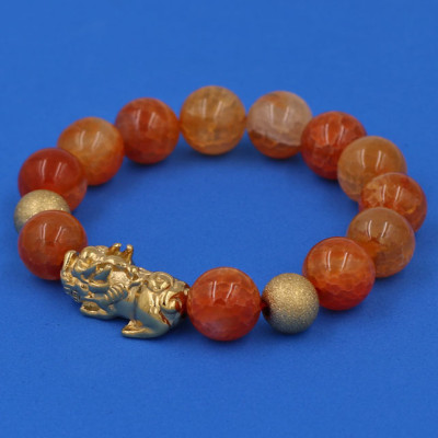 Vòng tay Đá Vân Rồng Cam 12 ly - cẩn Tỳ Hưu Phong Thủy inox vàng VVRCTHHBV12 - hợp mệnh Hỏa, mệnh Thổ