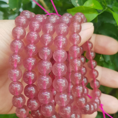 Vòng tay đá Thạch anh dâu hồng tự nhiên Size hạt 9mm xinh xắn hợp Nữ mệnh hỏa mệnh thổ đeo may mắn tài lộc trẻ trung xinh xắn tay ạ