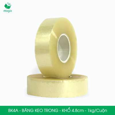 BK4A - 12 cuộn băng keo trong 1kg, khổ 4.8cm lõi nhựa - Băng dính đóng hàng, băng keo khổ lớn