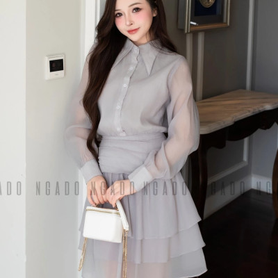 Đầm xám phối voan NGADO , đầm sơ mi , đầm dài tay
