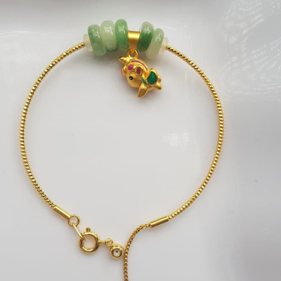 Vòng Tay charm xinh đẹp 5 đồng tiền đá cẩm thạch tự nhiên Đồng tiền Xanh ngọc trắng phối charm chú dê nhỏ may mắn Vòng màu vàng khoen rút xinh Nữ đeo dễ thương ạ