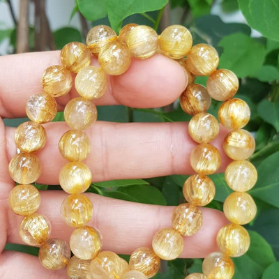 Vòng đeo tay phong thủy may mắn nữ đá thạch anh tóc vàng đồng trục tự nhiên Size vòng hạt 9mm ánh sáng rất đẹp Vòng chuẩn hợp nữ mệnh kim, mệnh thổ, mệnh Thủy ạ