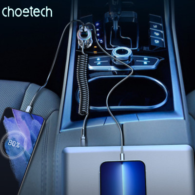 Tẩu Choetech TC0030  sạc nhanh ô tô 65W tích hợp thêm dây cáp sạc lò xo Type C (Hàng chính hãng)