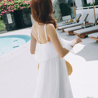 Đầm maxi dài trắng, dáng xòe, đẹp nhẹ nhàng, tinh khôi, lưng trần đan dây quyến rũ | MX028