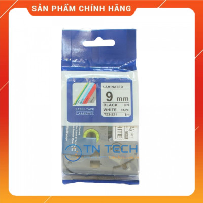 Nhãn In Tz2-221 - Đen nền trắng 9mm x 8m - Dùng cho máy in BROTHER - AIMO - PUTY [Hàng nhập khẩu]