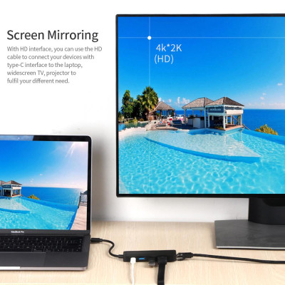 Bộ chuyển đổi onten  USB Ethernet Type-C sang HD 5 trong 1 Hub PD Sạc nhanh / Truyền tốc độ cao / Hỗ trợ 10/100 / 1000Mbps