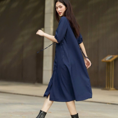 Đầm sơ mi xanh navy NGADO , đầm sơ mi rộng , đầm sơ mi Nữ