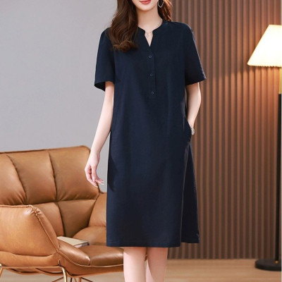 Đầm công sở cổ tàu phối nút, ngắn tay Hàn Quốc nữ trẻ trung, chất liệu Linen mềm mịn cao cấp Haint Boutique