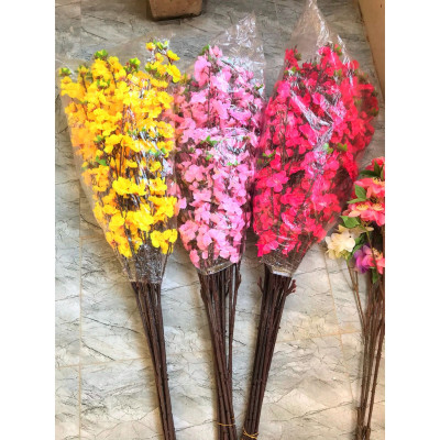 Cành hoa đào, hoa mai giả cành 5 nhánh nhỏ trang trí tết - Cây giả, hoa lụa Decor trang trí nhà cửa