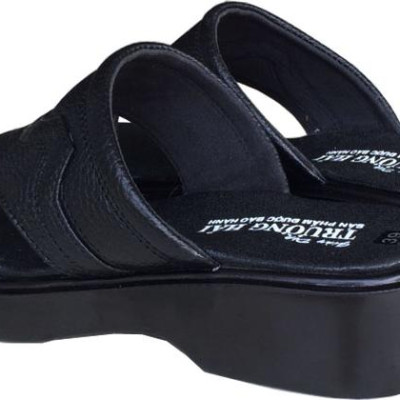 Dép quai ngang nam Trường Hải da bò cao cấp mềm mại không bong tróc màu đen đế PU siêu nhẹ cao 5cm QN0744