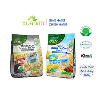 Combo 2 túi: Ngũ Cốc Yến Mạch Óc Chó Và Mè Đen 400G + Ngũ Cốc Dinh Dưỡng Canxi 400G [ít đường]