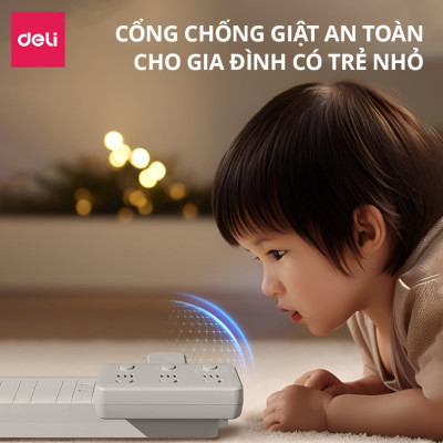 Ổ Cắm Chia Điện Deli, Ổ Cắm Điện Chữ T Công Suất 2500W Tích Hợp Cổng USB &TypeC Sạc Nhanh 20W