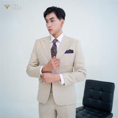 [CLASSY 2] Nguyên bộ suits 2 mảnh VÀNG BE KẺ Ô ĐẬM 2 KHUY 3 TÚI, chất vải Wool - Nobility cao cấp