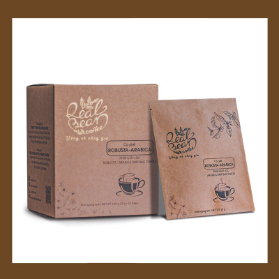 Cà phê phin giấy tiện lợi – Hộp 10 Gói – 100% Rang Mộc – Vị Đậm, Thơm Nồng – REAL BEAN COFFEE