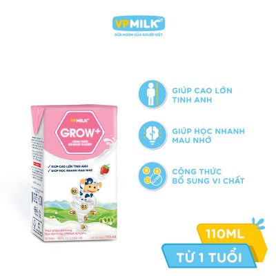 Sữa Tiệt Trùng Có Đường VPMilk Grow+ Vị Dâu Hộp 110ml (Thùng 48 Hộp)