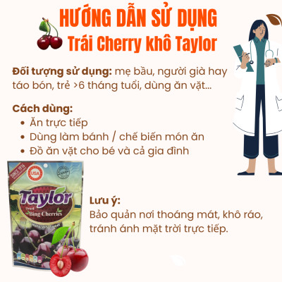 Anh Đào Cherry Khô Taylor Khô Tự Nhiên sấy dẻo không hạt, món ăn vặt trái cây sấy bổ dưỡng 170gr